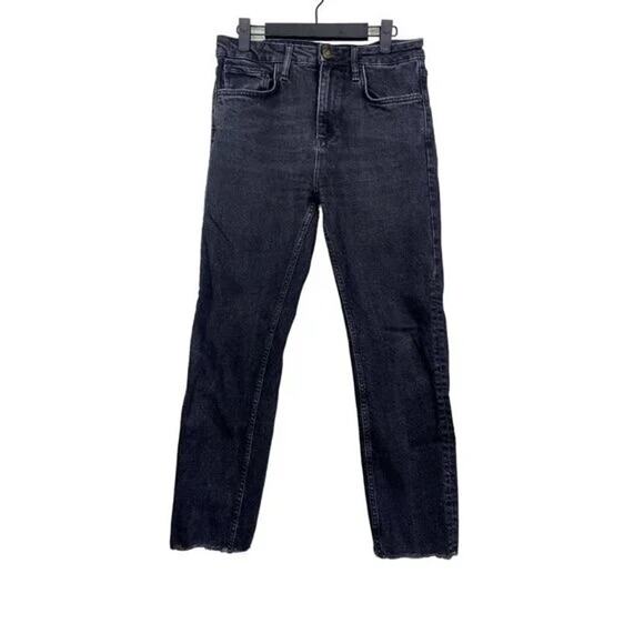 ZARA Slim Straight High Waisted Stretch Jeans Raw Hem 6 Rinsed Black #3059 - Picture 10 of 14